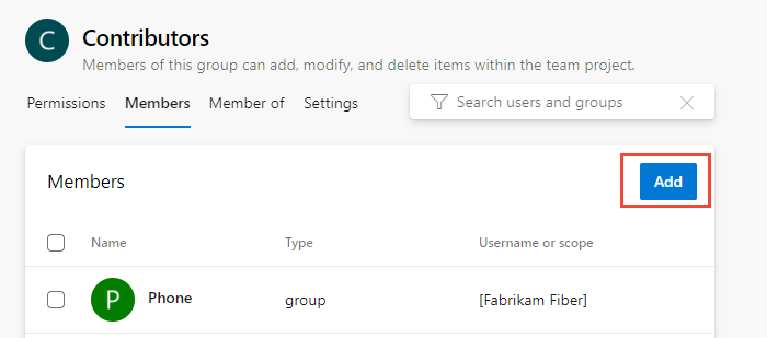 Screenshot of Security page, Contributors group, Members page, Add button.