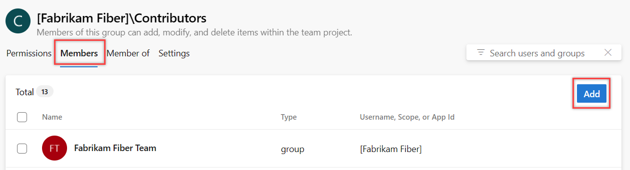 Der Screenshot zeigt die hervorgehobene Registerkarte Mitglieder für die Gruppe Mitwirkende.