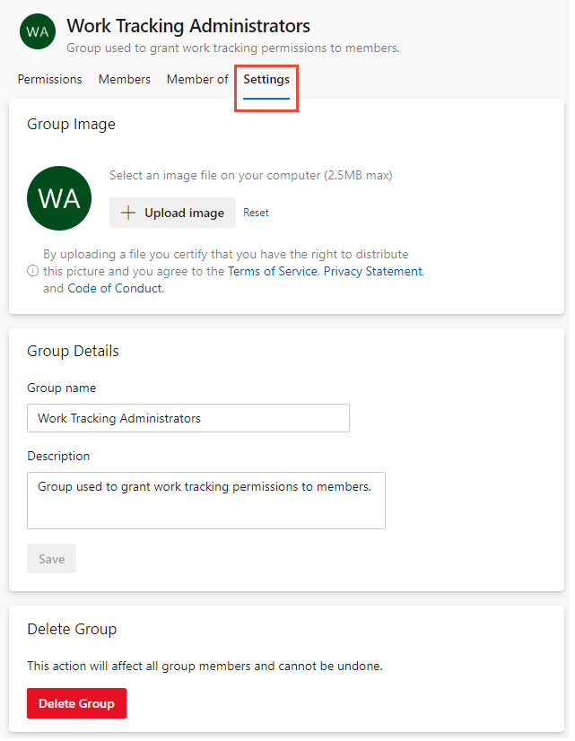 Screenshot der Einstellungen für offene Gruppen, Vorschauseite.