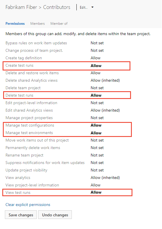 Screenshot der Testberechtigungen auf Projektebene für eine benutzerdefinierte Gruppe, Teamadministrator.