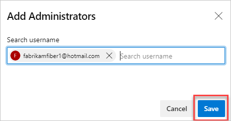 Screenshot des Dialogfelds „Teamadministrator hinzufügen“ auf der aktuellen Seite für Azure DevOps Server 2019 und neuer.