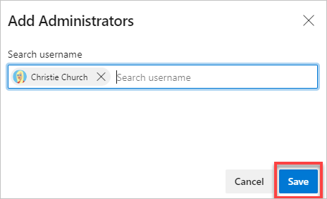 Screenshot des Dialogfelds „Teamadministrator hinzufügen“ auf der Seite „Neue Teams“.