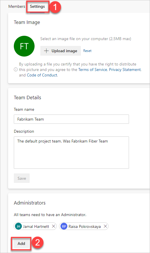 Screenshot des Dialogfelds zum Hinzufügen von Benutzeridentitäten, Ansicht der Seite „Neue Teams“ für Azure DevOps Services.
