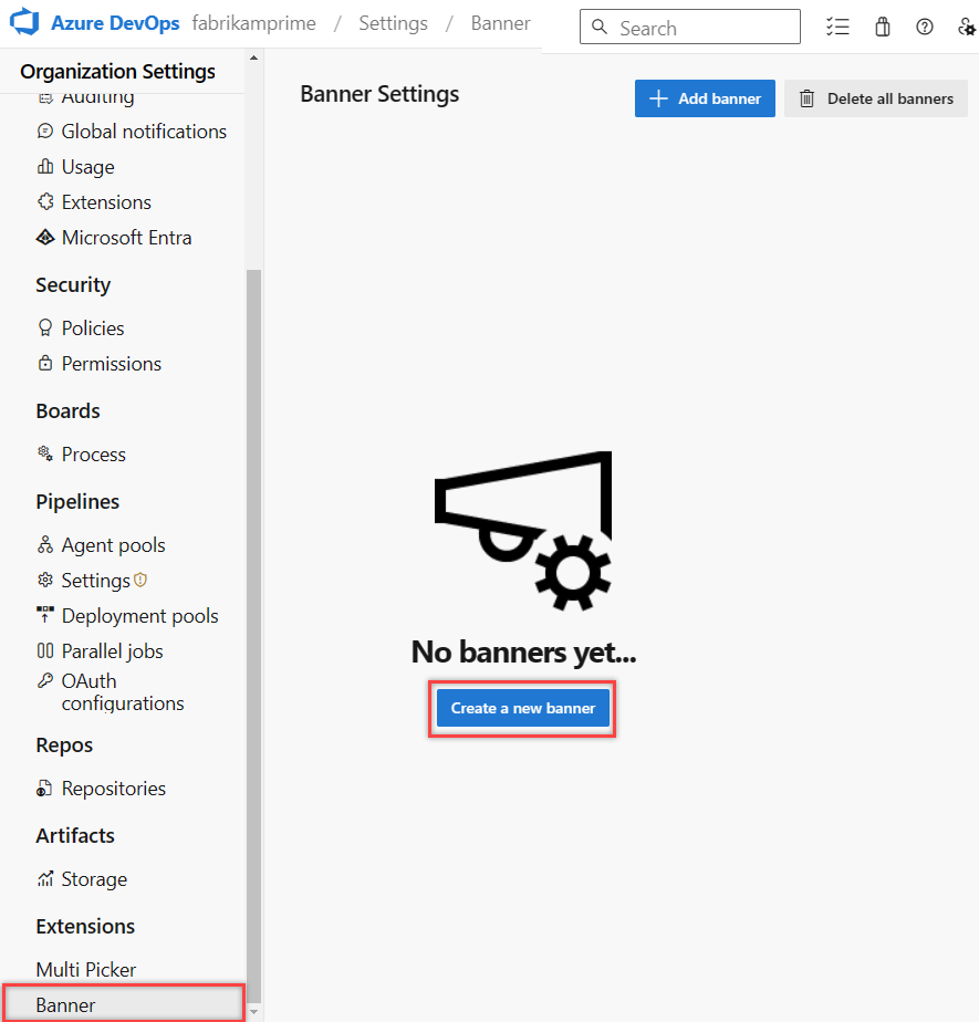 Screenshot mit dem ersten Banner erstellen, lokal in Azure Devops.