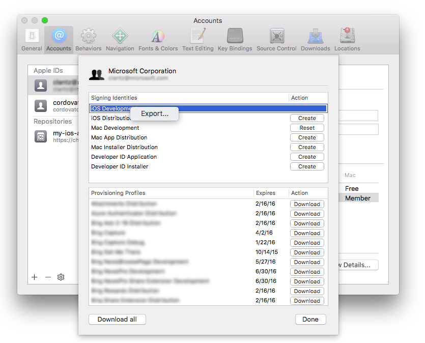 Zertifikatexport mit Xcode