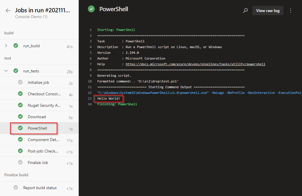 Screenshot showing the PowerShell task output