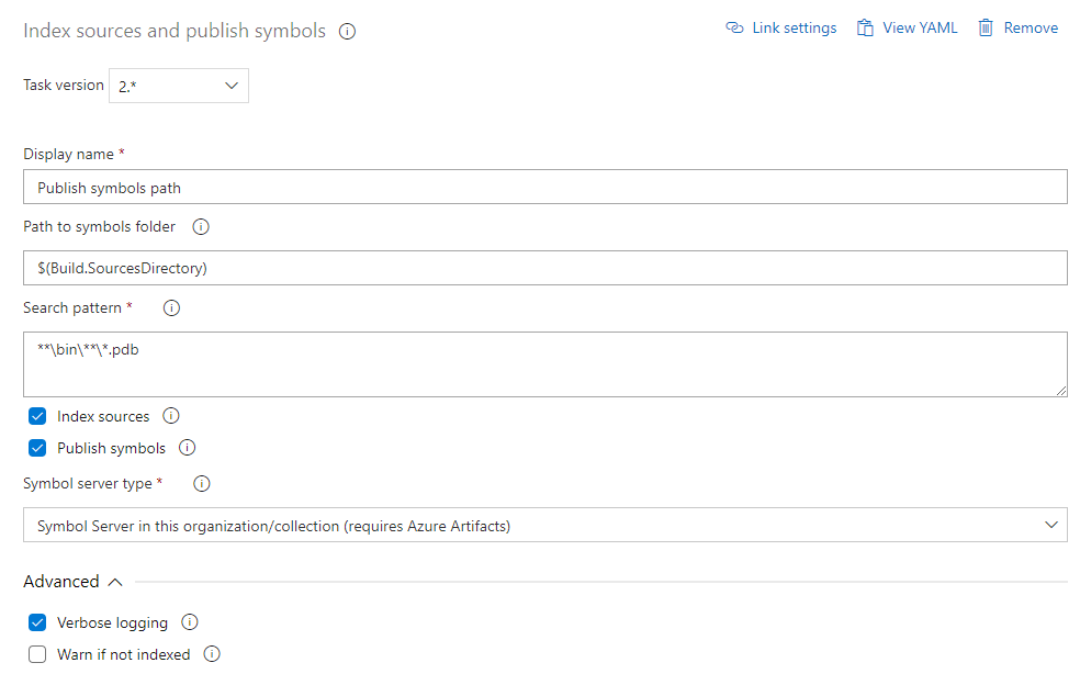 Screenshot, der zeigt, wie man die Indexquellen konfiguriert und Symbole veröffentlicht, damit Symbole auf dem Azure Artifacts-Symbolserver veröffentlicht werden.