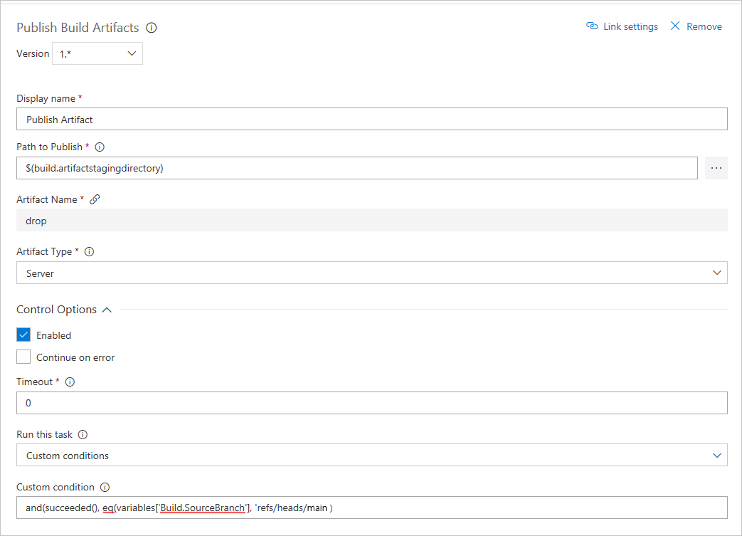 A screenshot showing how to add a custom condition to the publish build artifacts task.