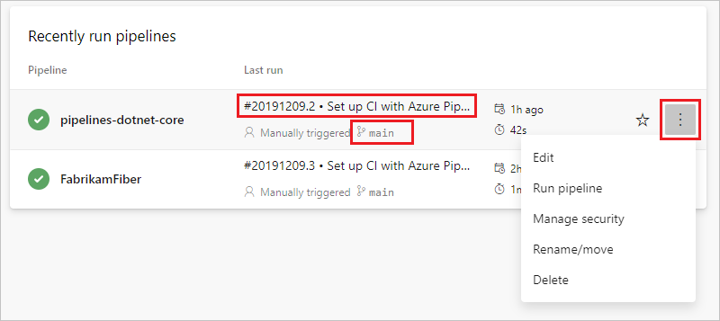 Screenshot der zuletzt gestarteten Pipelines.