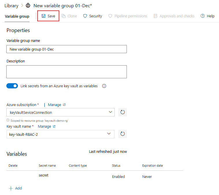 Ein Screenshot, der zeigt, wie ein RBAC-Schlüsseltresorgeheimnis mit einer Variablengruppe verknüpft wird.