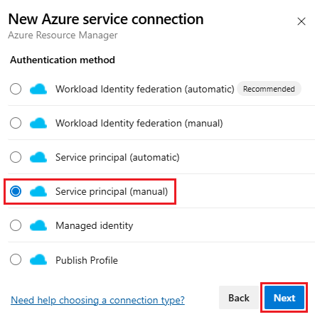 Screenshot der Auswahl einer Dienstprinzipalauthentifizierungsmethode (manuell).