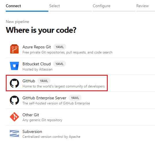 Screenshot der Auswahl von GitHub als Speicherort für Ihren Code.