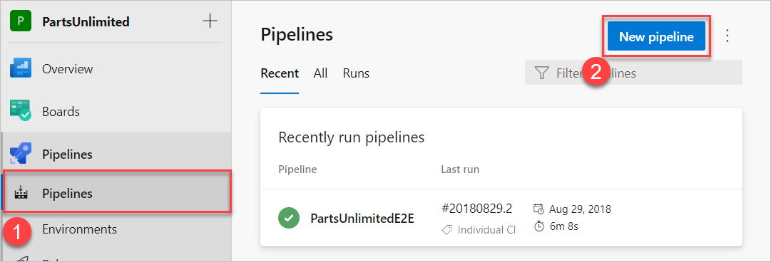 Zwei Schaltflächen zur Auswahl für die Erstellung einer neuen Pipeline