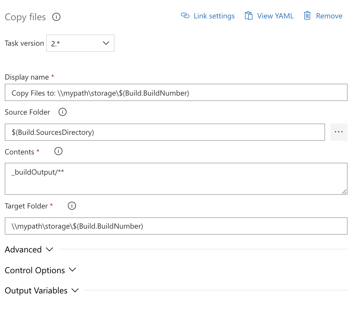 Screenshot, der das Konfigurieren der Kopierdateien zeigt.