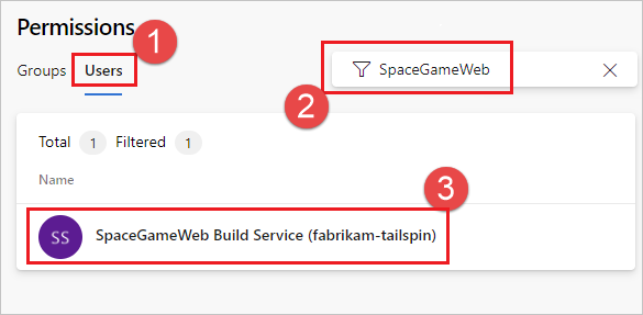 Screenshot: Auswahl des projektbezogenen Buildidentitätsbenutzers für SpaceGameWeb.