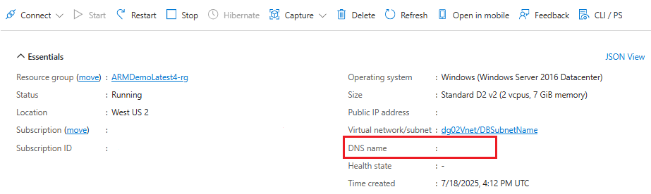 Screenshot eines virtuellen Datenbankservercomputers in Azure.