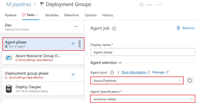 Screenshot der Agent-Phase in der klassischen Release-Pipeline.