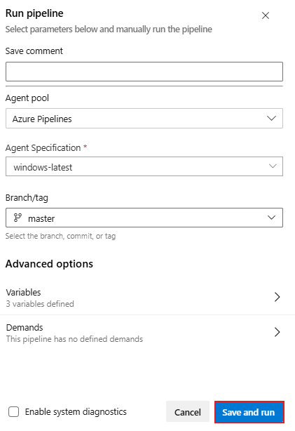 Ein Screenshot, der zeigt, wie man eine klassische Pipeline in die Warteschlange stellt.