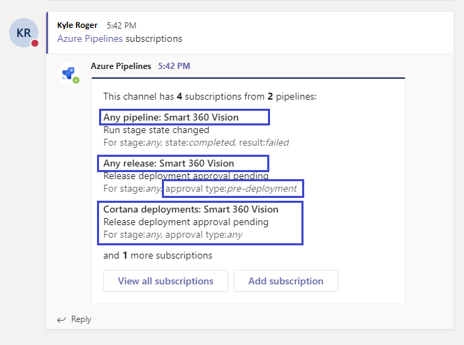 Erstellen Sie Massenabonnements in der Azure Pipelines-App für Microsoft Teams.