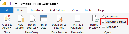 Screenshot des Power BI Power Query-Editors. Im Menüband ist in der Gruppe 
