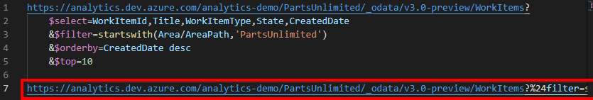 Screenshot einer OData-Datei in Visual Studio Code. Die Datei enthält eine mehrzeilige Abfrage gefolgt von der einzeiligen Version der abfrage.