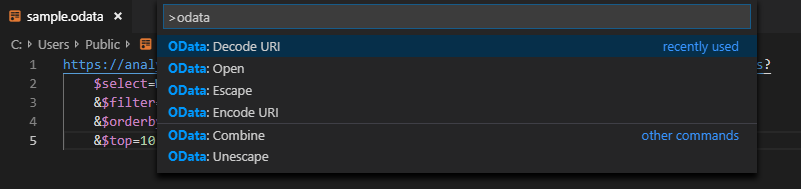 Screenshot mit der Befehlspalette für die Visual Studio Code OData extension.