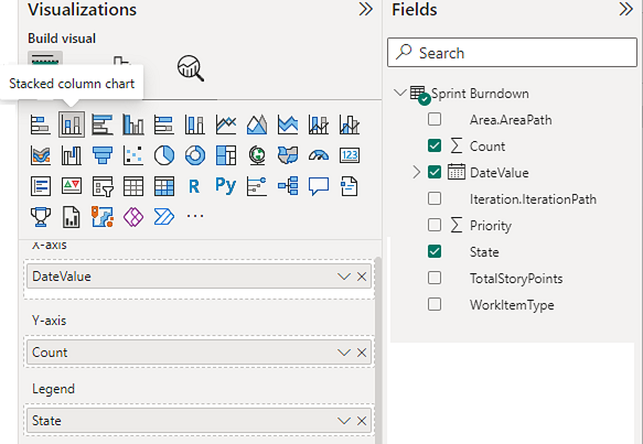 Screenshot von Power BI-Visualisierungen und -Feldern für Sprint-Burndown-Bericht. 
