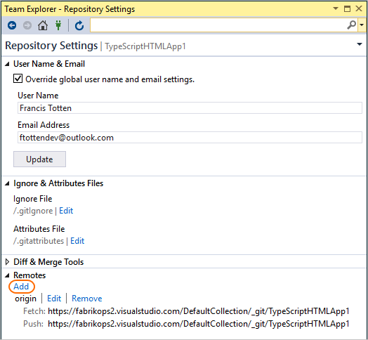Add a remote for a repo in Visual Studio Team Explorer