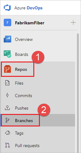 Screenshot, der zeigt, wie Sie zu Filialen in Azure Repos navigieren.