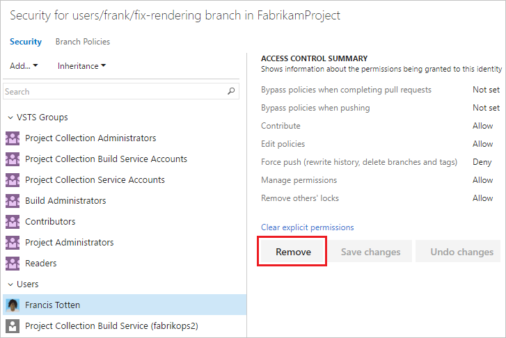 Der Screenshot zeigt das Entfernen von Verzweigungsberechtigungen für einen Benutzer in Azure DevOps.