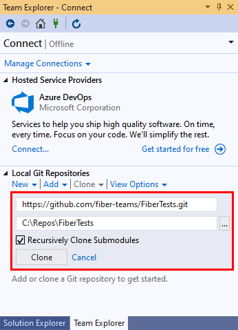 Screenshot der Klonoptionen im Abschnitt „Lokale Git-Repositorys“ der Ansicht „Verbinden“ von „Team Explorer“ in Visual Studio 2019.