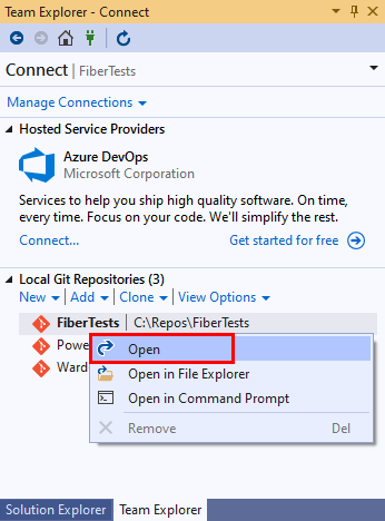 Screenshot des geklonten Repositorys im Abschnitt „Lokale Git-Repositorys“ von „Team Explorer“ in Visual Studio 2019.