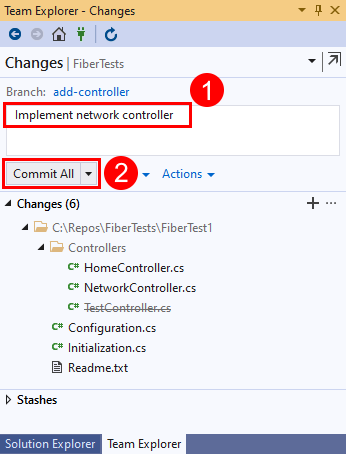 Screenshot: Option „Alle committen“ in der Ansicht „Änderungen“ von Team Explorer in Visual Studio 2019.