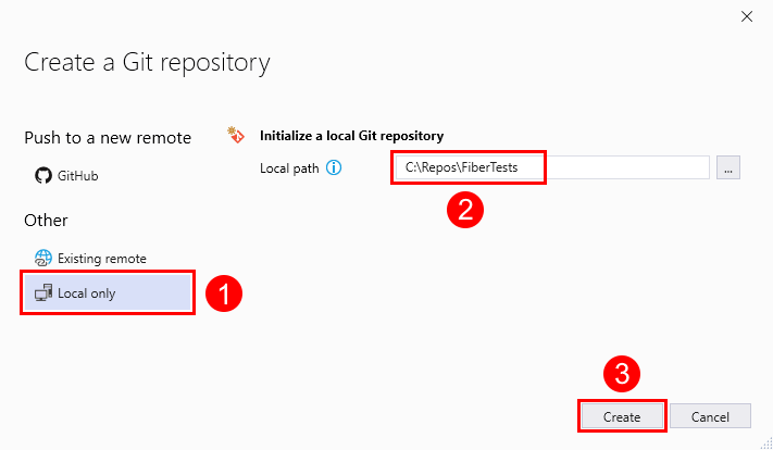 Screenshot of the 'Create a Git repository' window with the 'Local only' option selected in Visual Studio 2019.