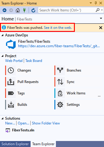 Screenshot of the 'See it on the web' link in the 'Home' view of 'Team Explorer' in Visual Studio 2019.