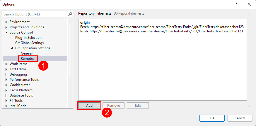 Screenshot: Schaltfläche „Hinzufügen“ im Bereich „Remotes“ des Untermenüs „Git Repository-Einstellungen“ im Menü „Quellcodeverwaltung“ in Visual Studio.