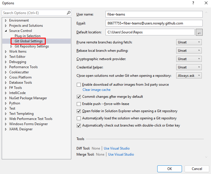 Screenshot: Globale Git-Einstellungen im Dialogfeld „Optionen“ von Visual Studio.