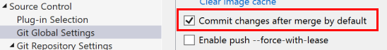 Screenshot: Kontrollkästchen „Änderungen nach Mergevorgängen standardmäßig committen“ im Dialogfeld „Optionen“ in Visual Studio.