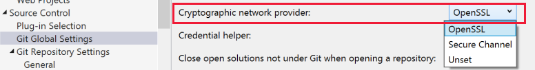 Screenshot: Einstellung „Kryptografienetzwerkanbieter“ mit Auswahl von „OpenSSL“ in Visual Studio.