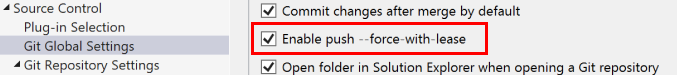 Screenshot: Kontrollkästchen „‚push --force-with-lease‘ aktivieren“ im Dialogfeld „Optionen“ in Visual Studio.