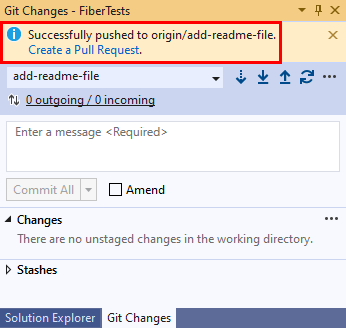 Screenshot: Link „Pull Request erstellen“ im Fenster „Git-Änderungen“ in Visual Studio.