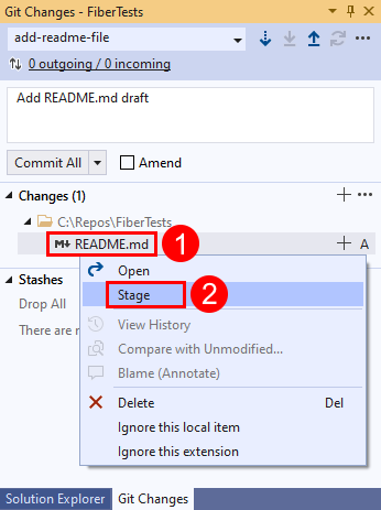 Screenshot: Option „Stage“ im Fenster „Git-Änderungen“ in Visual Studio 2019.