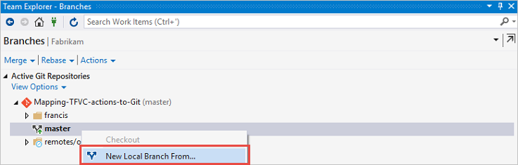 Erstellen einer neuen Branch mit Visual Studio Team Explorer