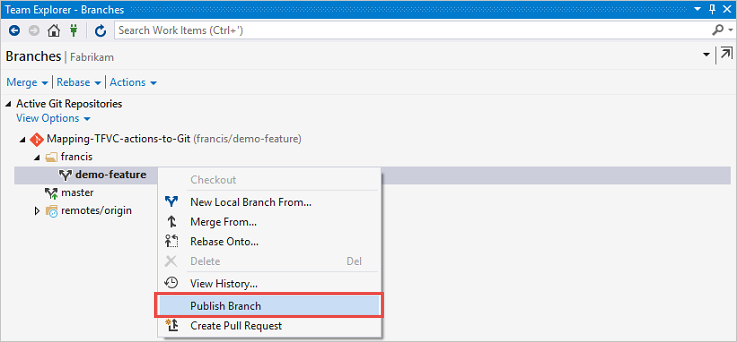 Veröffentlichen eines Branch für das Remoterepository mit Team Explorer