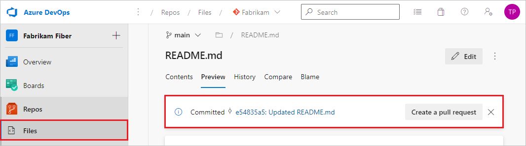 Screenshot mit der Eingabeaufforderung zum Erstellen eines PR auf der Registerkarte „Dateien“ in Azure Repos.