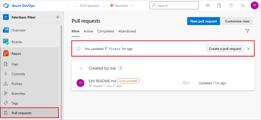 Screenshot mit der Eingabeaufforderung zum Erstellen eines PR auf der Registerkarte „Pull Requests“ in Azure Repos.