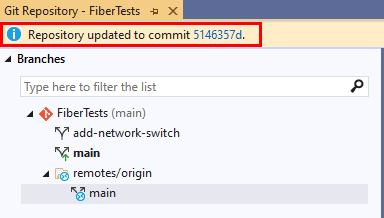 Screenshot: Bestätigungsmeldung für Mergevorgang im Fenster „Git-Repository“ von Visual Studio 2019