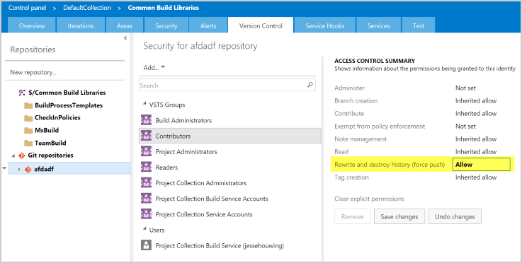 Screenshot der Befehlsaufforderung - git push --force-Berechtigungen.