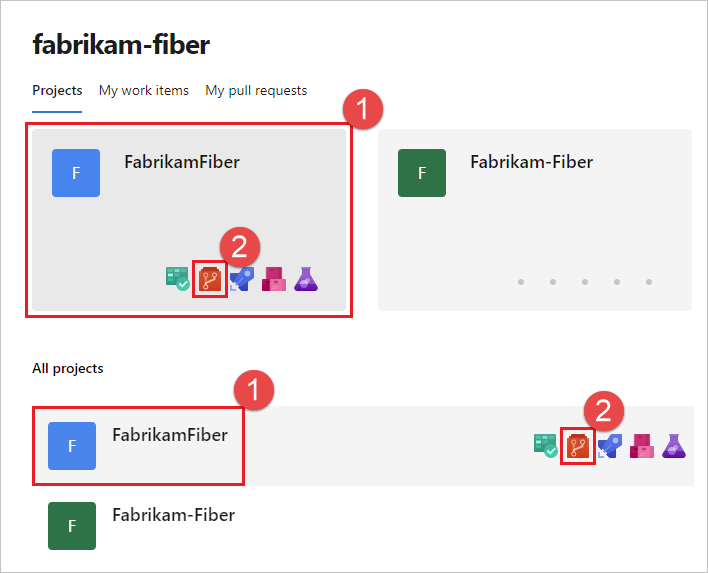 Screenshot der Organisations- oder Sammlungsseite, auf der Projekte aufgelistet werden.