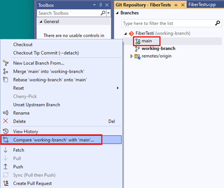 Screenshot: Branchkontextmenüs im Bereich „Branches“ von Visual Studio 2022.